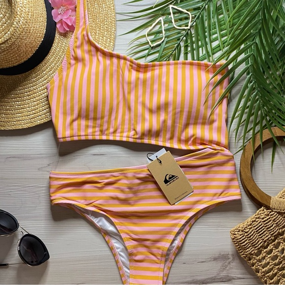Quicksilver Asymmetrical One Shoulder Striped Coral One Piece Swimsuit - Picture 3 of 11